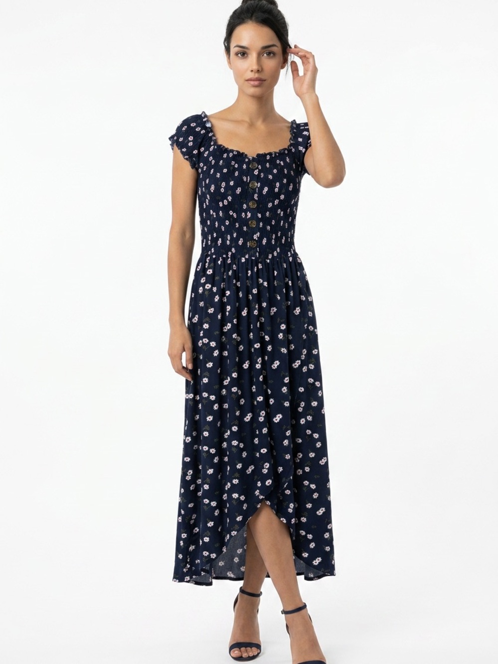 J FOR JUSTIFY | Navy Blue Floral Smocked High Low Midi Dress Women’s Size L